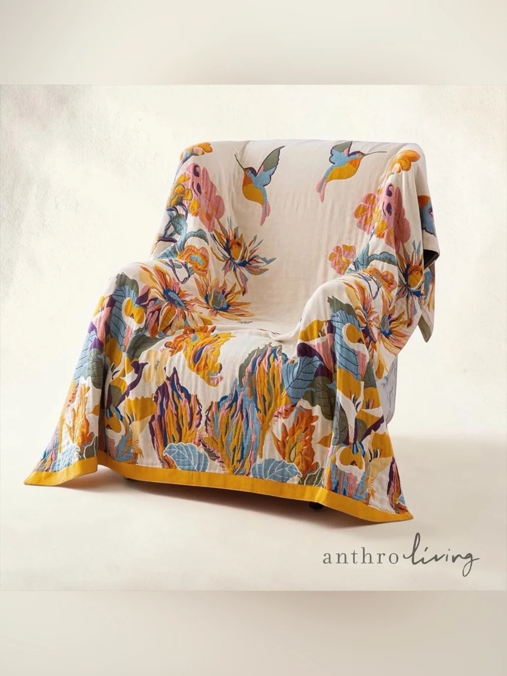 NEW Anthropologie Boho Bird Orange Floral Queen /  King Cotton Pillow Shams Set